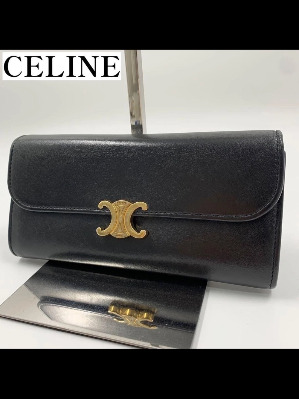 Celine Black Leather Triomphe Wallet with Gold Hardware